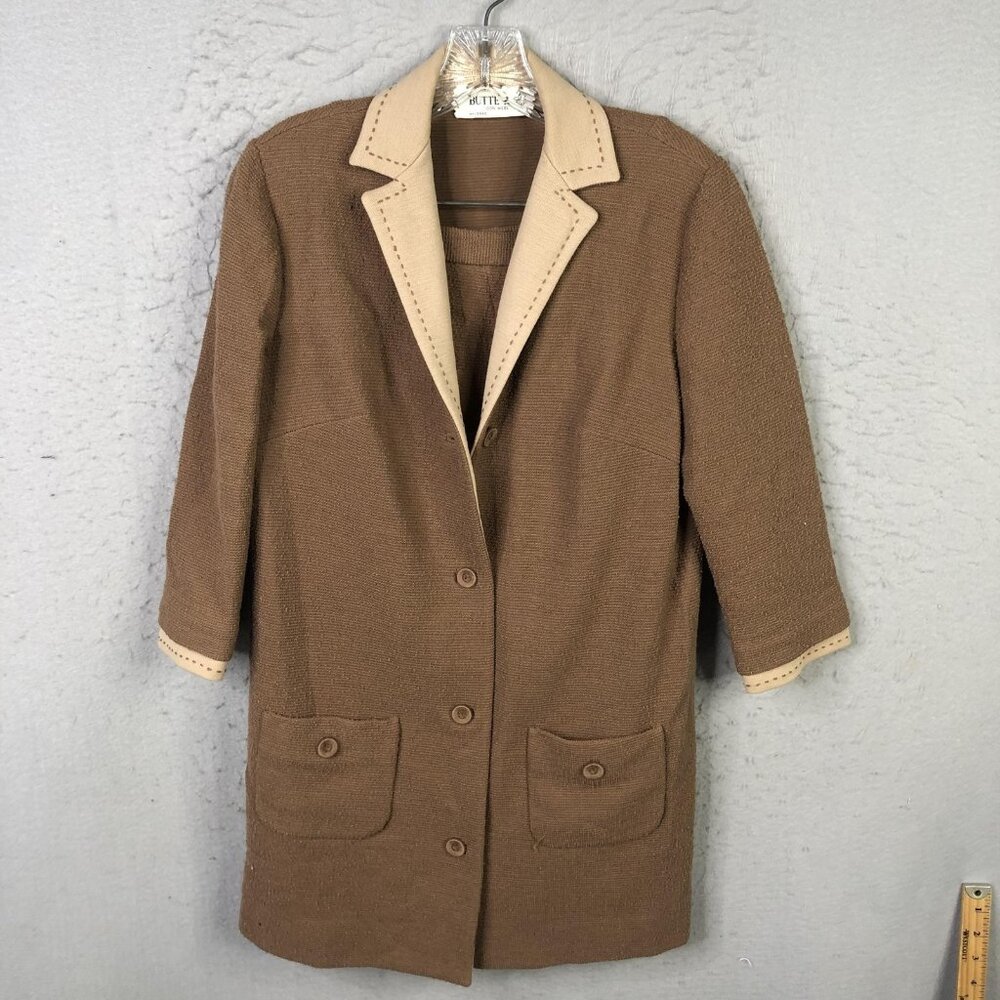 Vintage Butte Knit Skirt Suit Womens 12 Brown Tan 100% Wool Jacket Two Piece